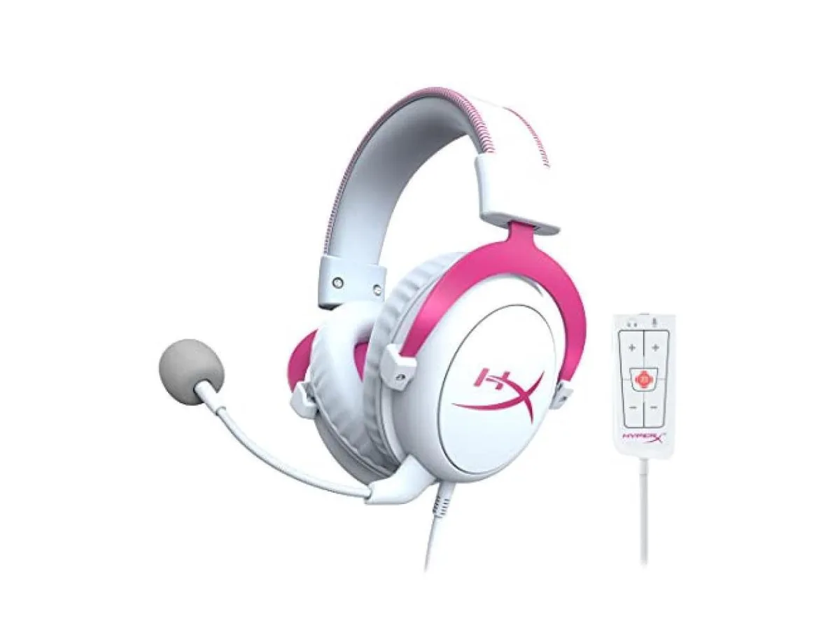 Pink wired gaming headset with USB audio control box