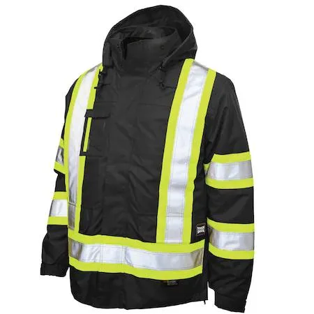 Black hi-vis 5-in-1 parka with detachable hood, zipper storm flap, five outside pockets, 300D polyurethane-coated polyester