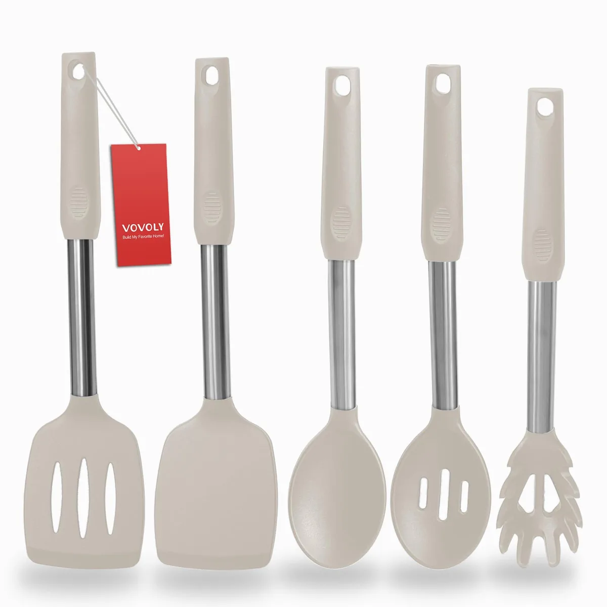 Five black silicone utensils with stainless steel handles, rectangular heads, hanging loops