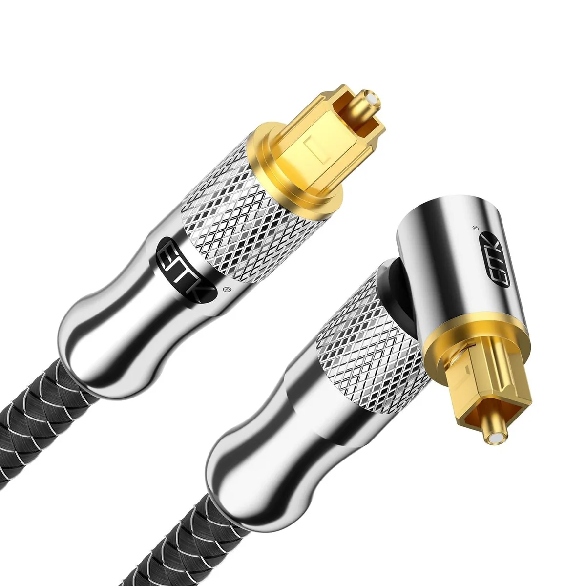 A Toslink optical cable with 90-degree gold-plated connectors that rotate 360 degrees, wrapped in a black nylon mesh jacket