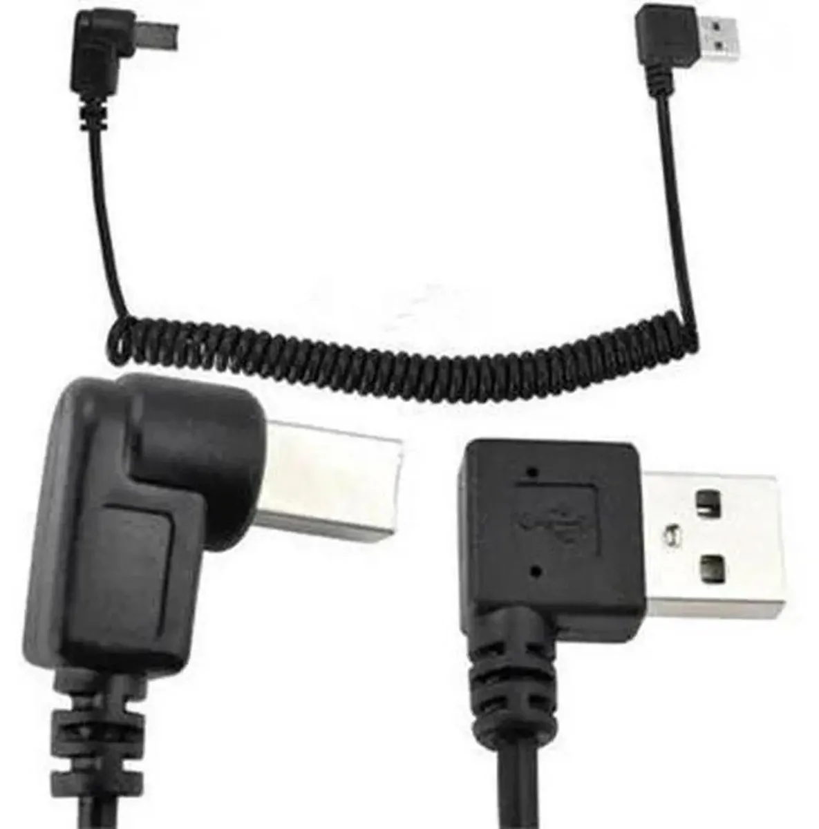 Black coiled USB cable with right-angle A and B plugs, retracts to a compact spiral