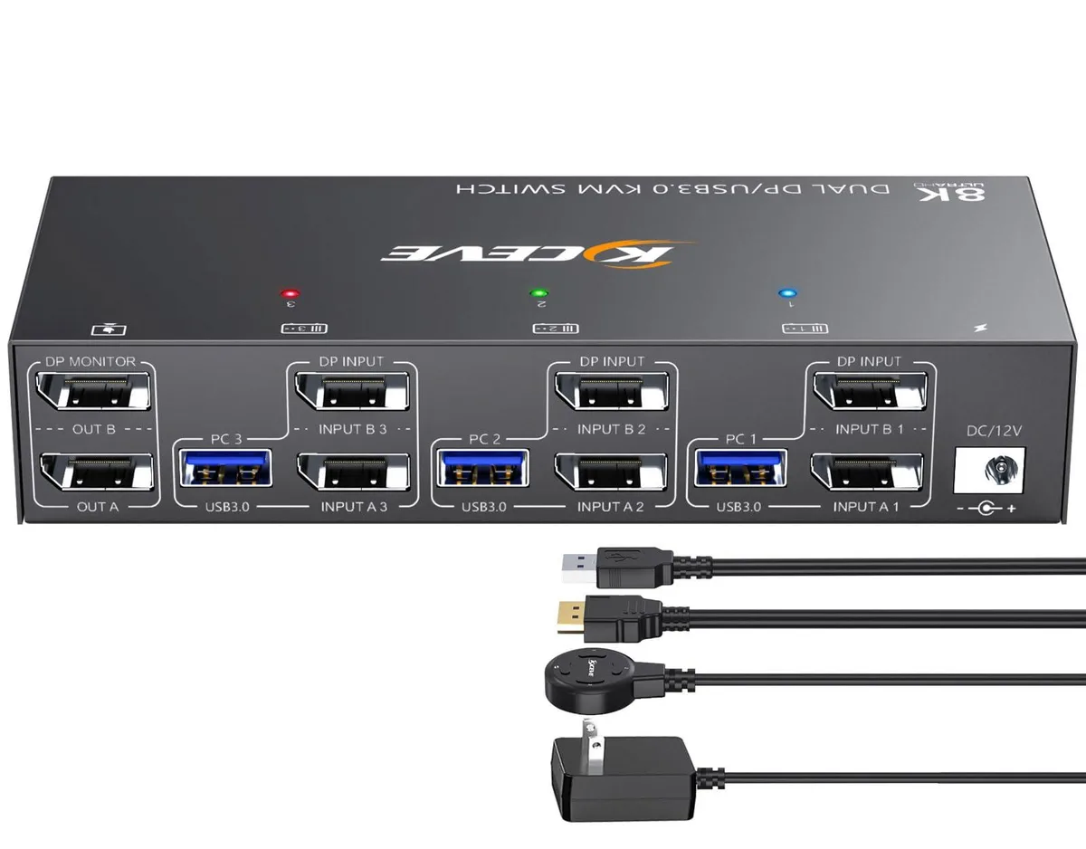  TRENDnet KC-302DP-A KVM Switch 3 Computers 2 Monitors 4K 144Hz — product photo