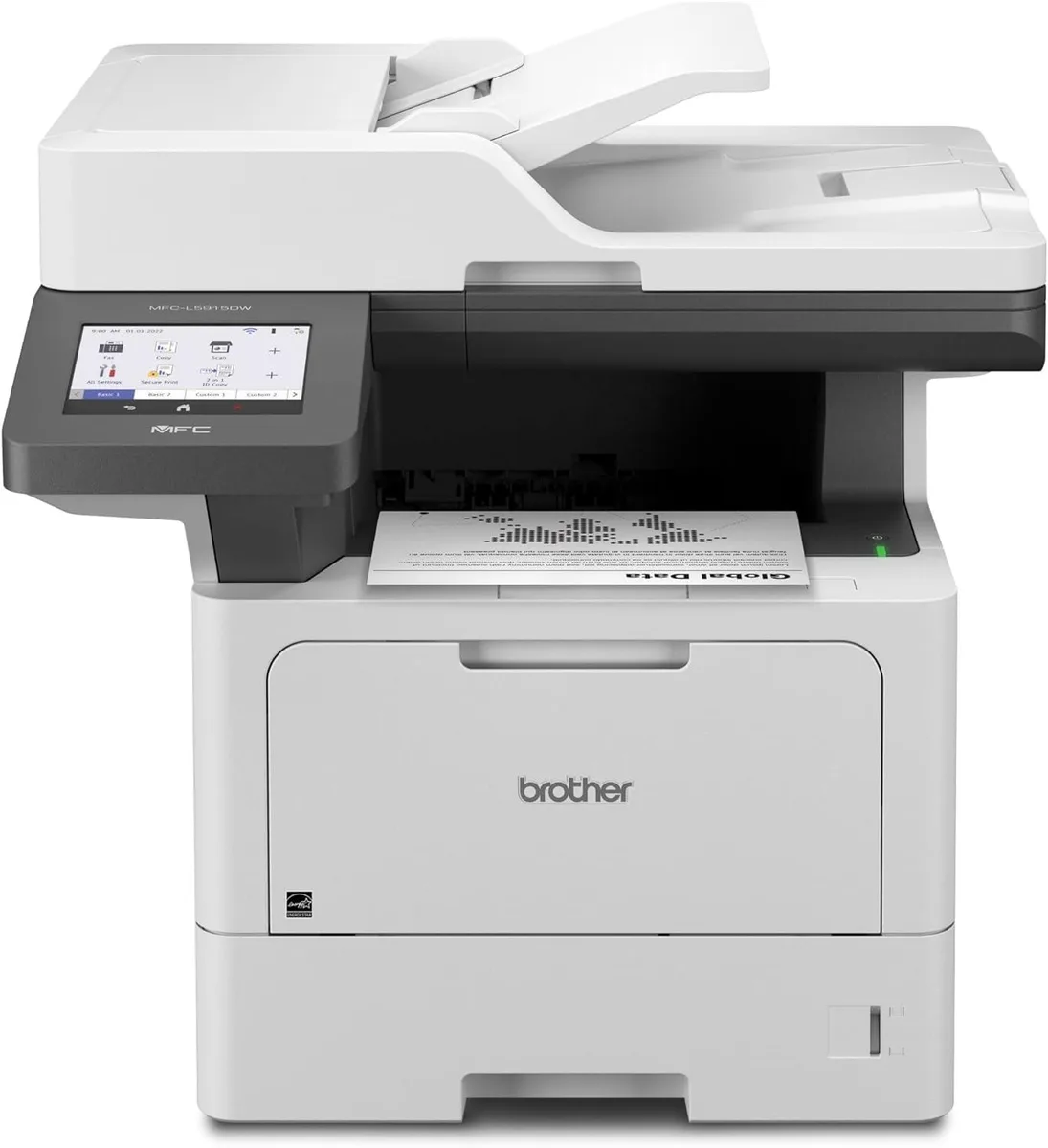 White rectangular office laser printer with flat scanner lid and front paper tray