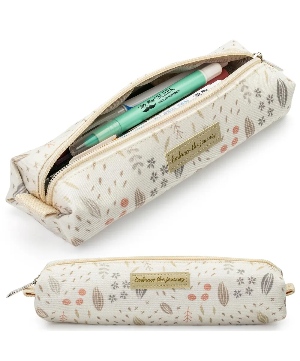 White canvas pencil pouch with boho pattern, zip closure, compact rectangular shape