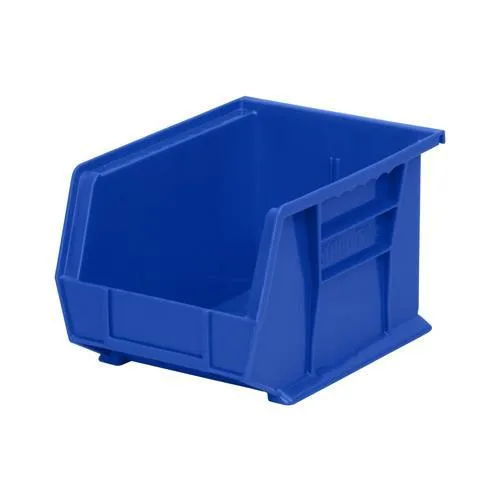 Blue plastic stackable storage bin with label slots