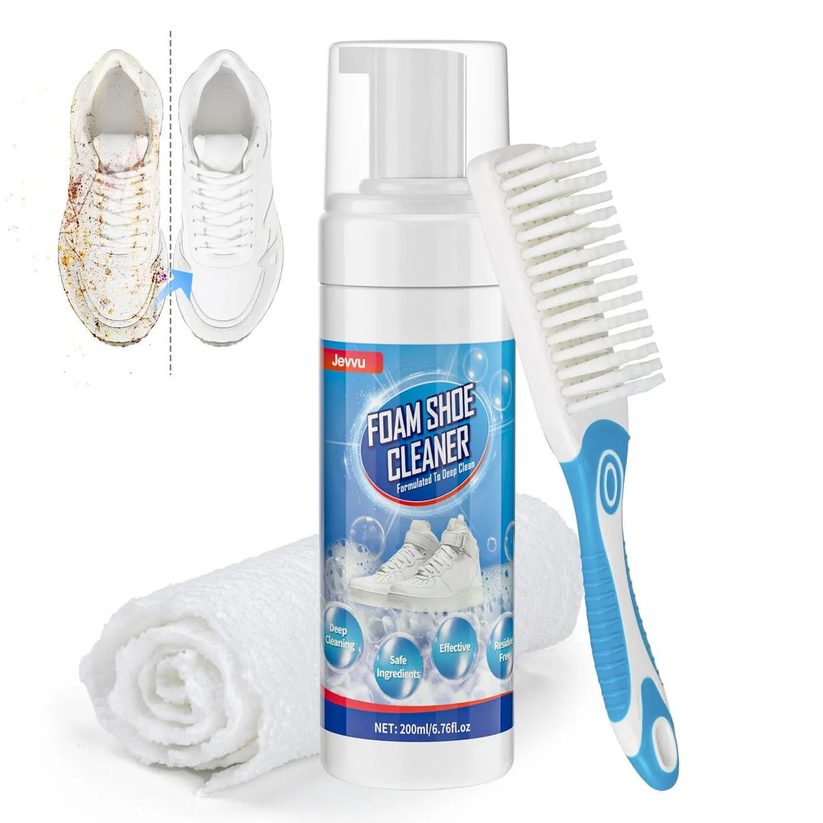 Yellow 6.76 fl oz foam cleaner bottle with brush and towel