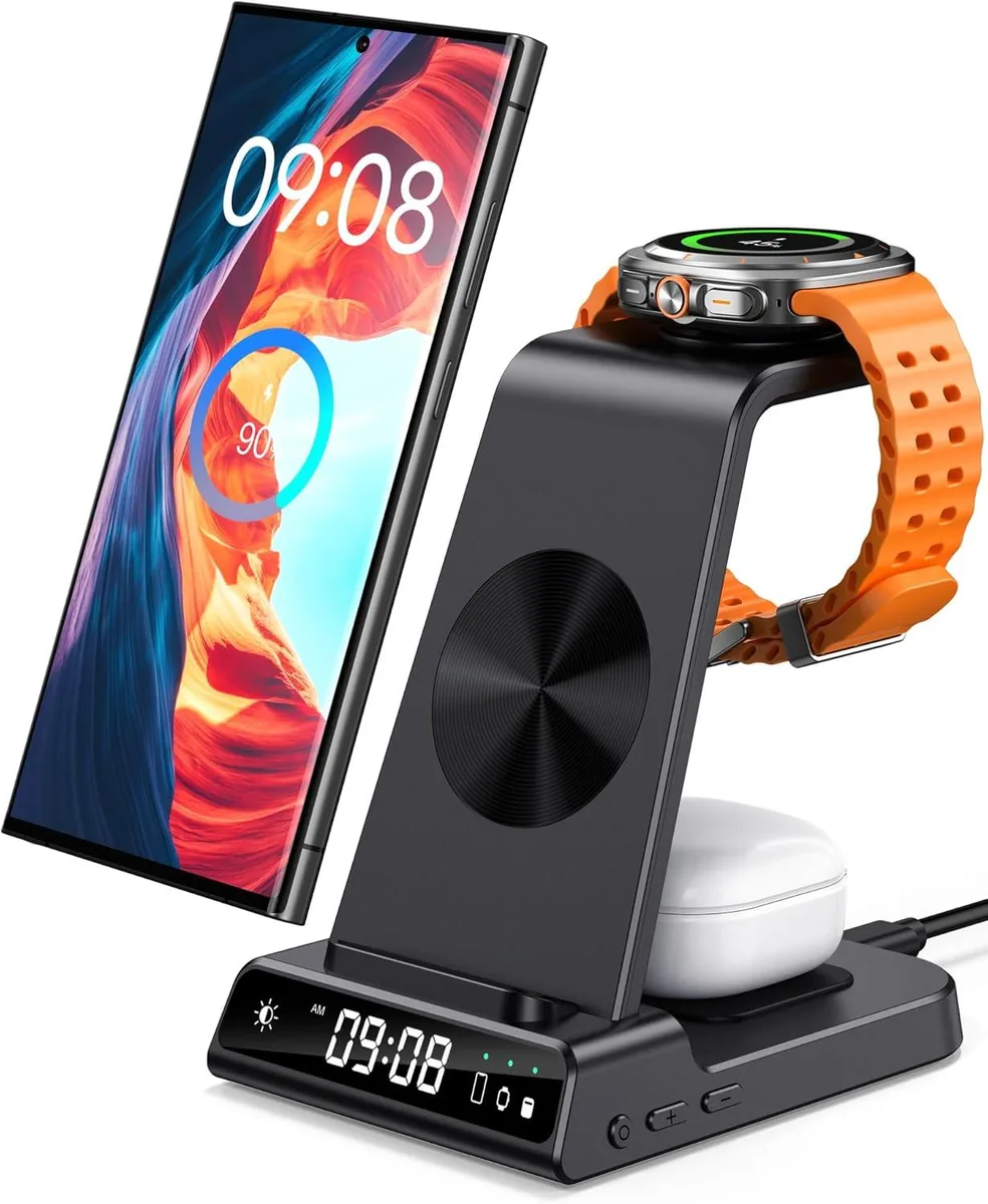 White rectangular charging pad with digital clock display and three device zones