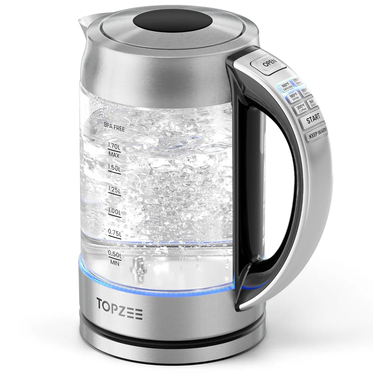  topzee TGK-17 1.7L Glass Electric Kettle 1500W Silver — product photo
