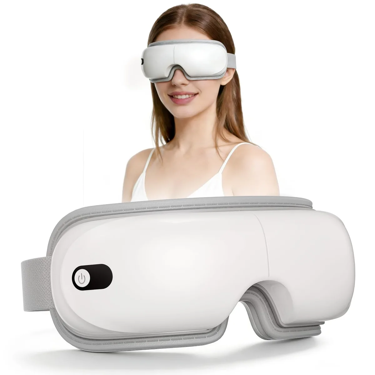 White foldable eye massager with adjustable headband