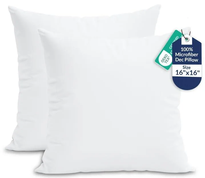 Two square white 16-inch pillow inserts in vacuum pack