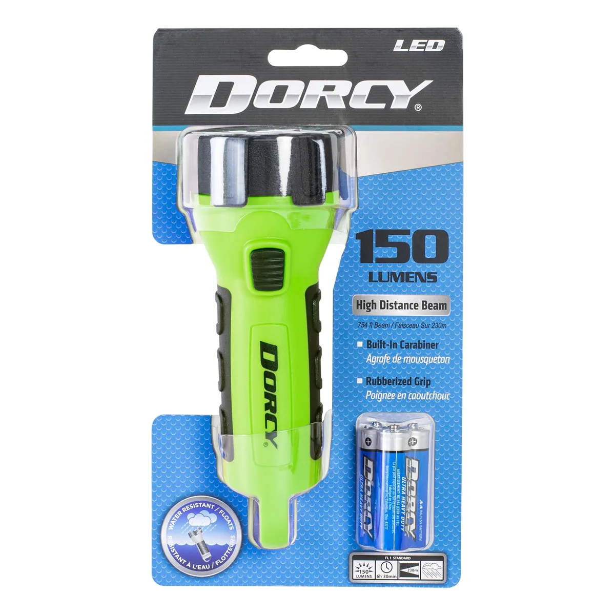 Neon green cylindrical LED flashlight with rubber grip and tail carabiner clip