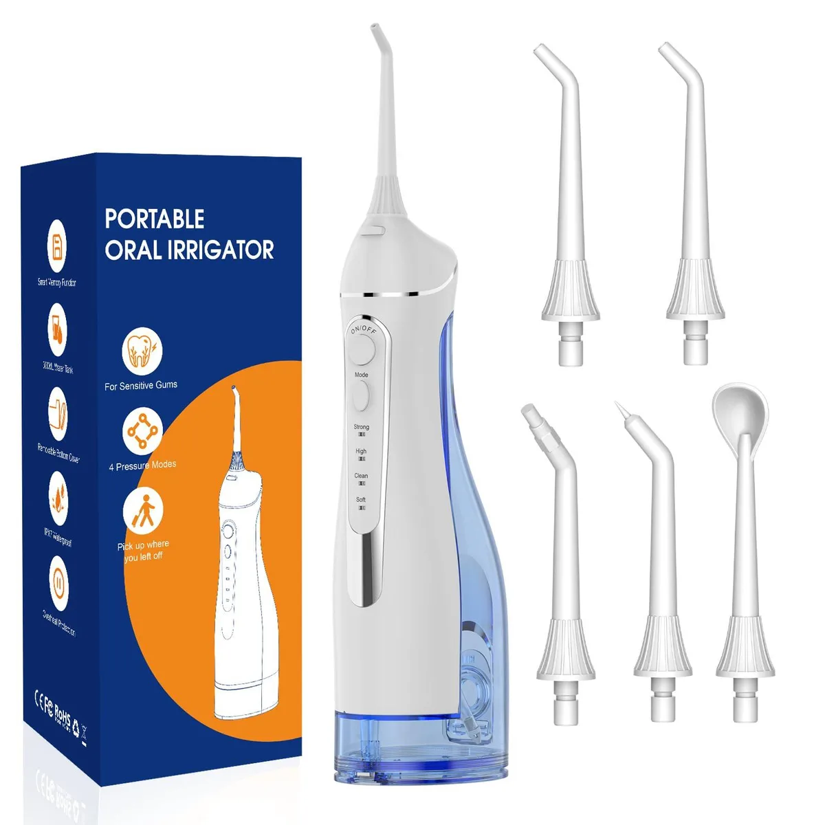 White cordless water flosser with 300ml tank and multiple jet tips