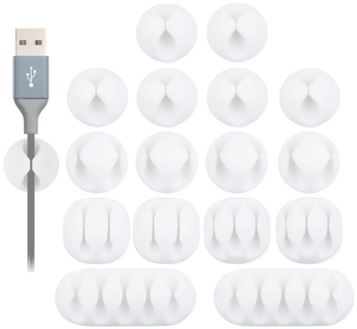 Sixteen white rubber cable clips in assorted sizes, self-adhesive backing visible