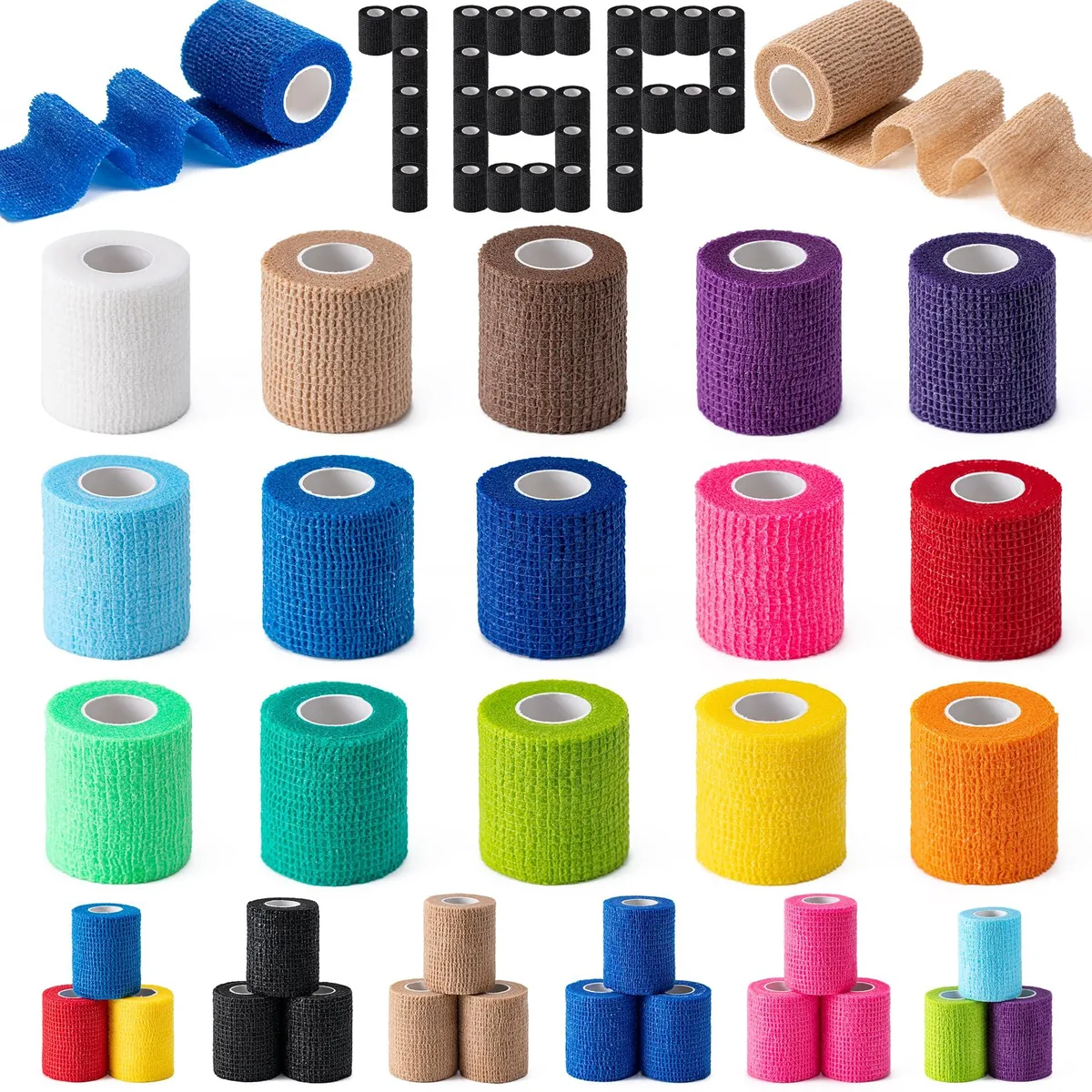 Sixteen individually wrapped multicolour self-adhesive bandage rolls