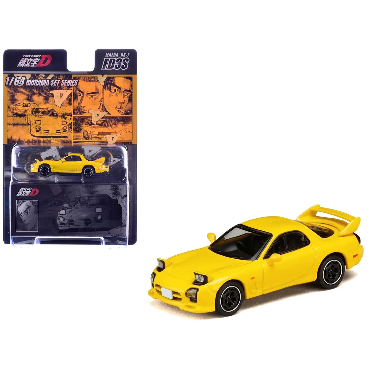 HOBBY JAPAN HOBBY JAPAN Mazda RX-7 FD3S RHD Yellow Initial D 1995-2013 1/64 Diecast hobby collectible — product photo