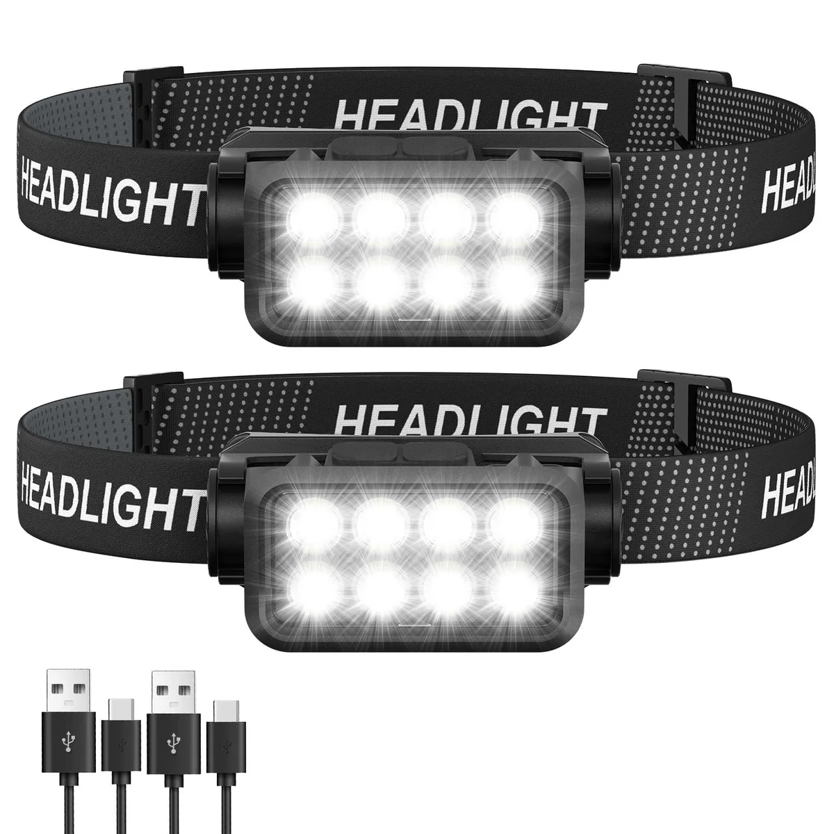 Two compact black headlamps with adjustable straps and front LED arrays