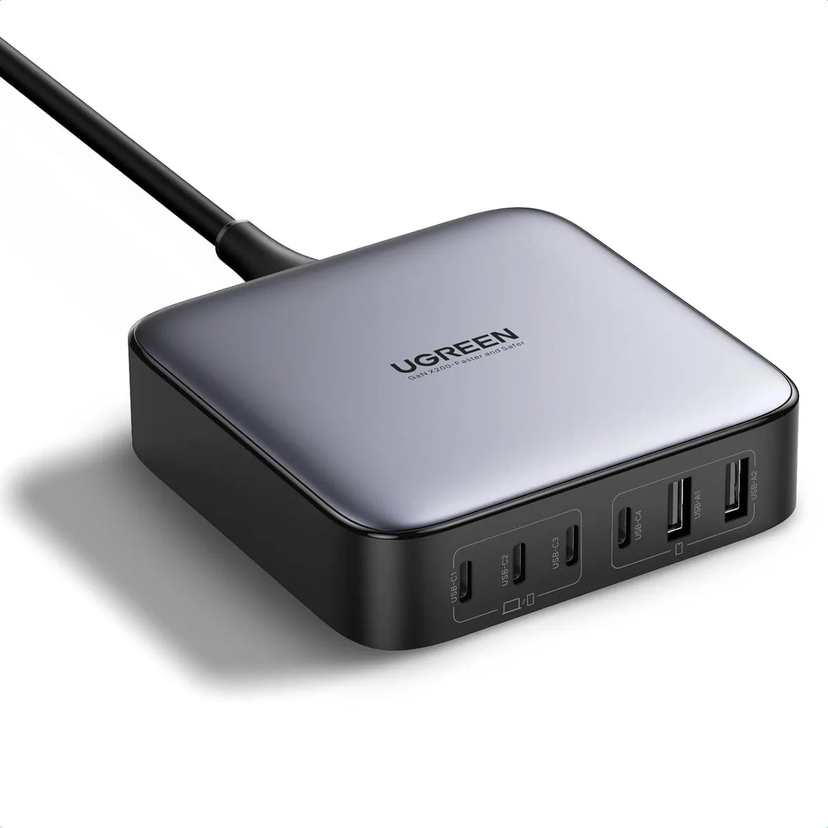 Rectangular dark desktop charger with six USB-C ports on the front face
