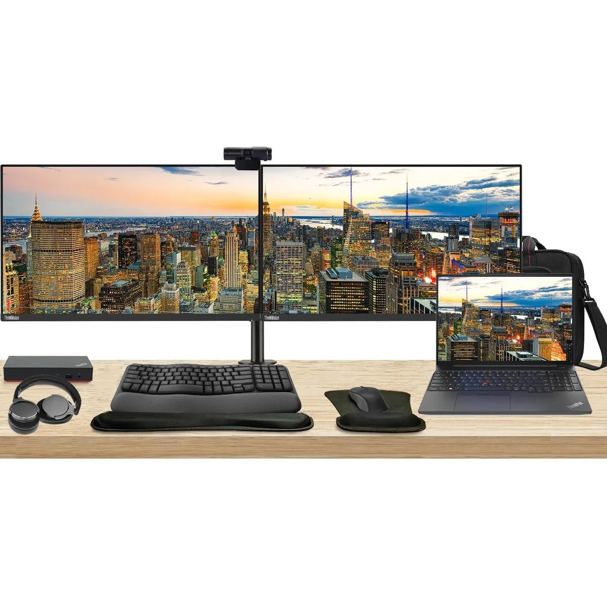 Lenovo Lenovo E16 16" Ryzen 7 16GB 512GB + 2×ThinkVision T27i 27" 60Hz Dock MK670 Webcam Headphones Stand Bag — product photo