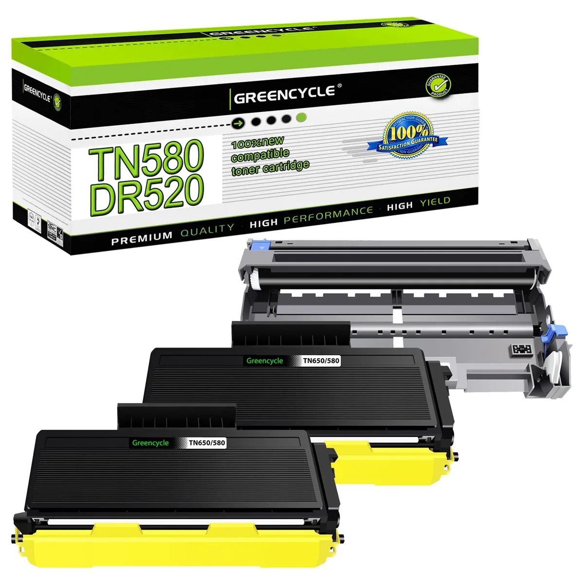 GREENCYCLE GREENCYCLE TN580 DR520 High Yield Black Toner &amp; Drum Set (2 Toner, 1 Drum) — product photo