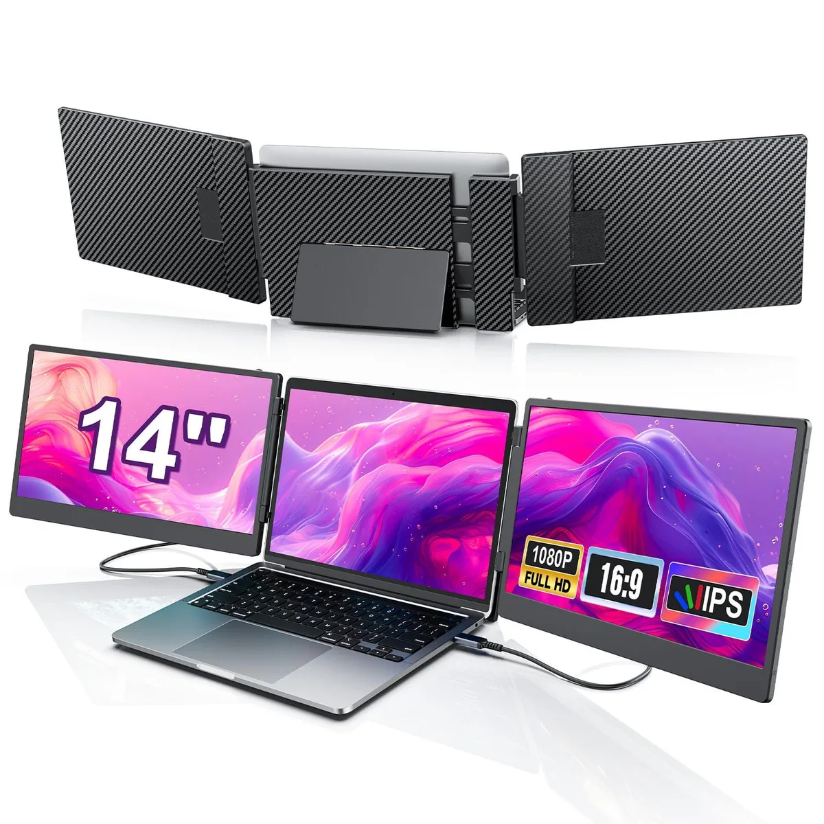 Laptomo Laptomo 14" Triple Screen Extender Full HD Plug & Play Mac Windows Android Built-in Speakers Portable Monitor — product photo