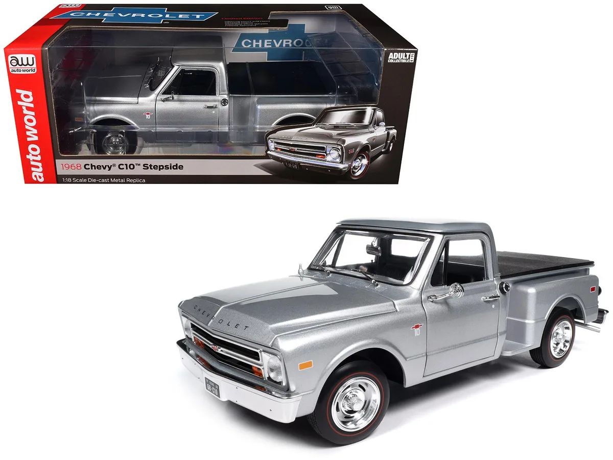 AMT AMT AW324 1/18 1968 Chevrolet C10 Stepside Pickup Silver Diecast Hobby Collectible — product photo