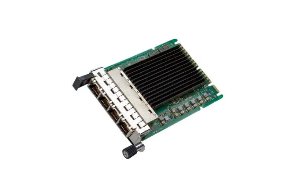 Green circuit board with four copper RJ-45 ports and silver PCI Express bracket