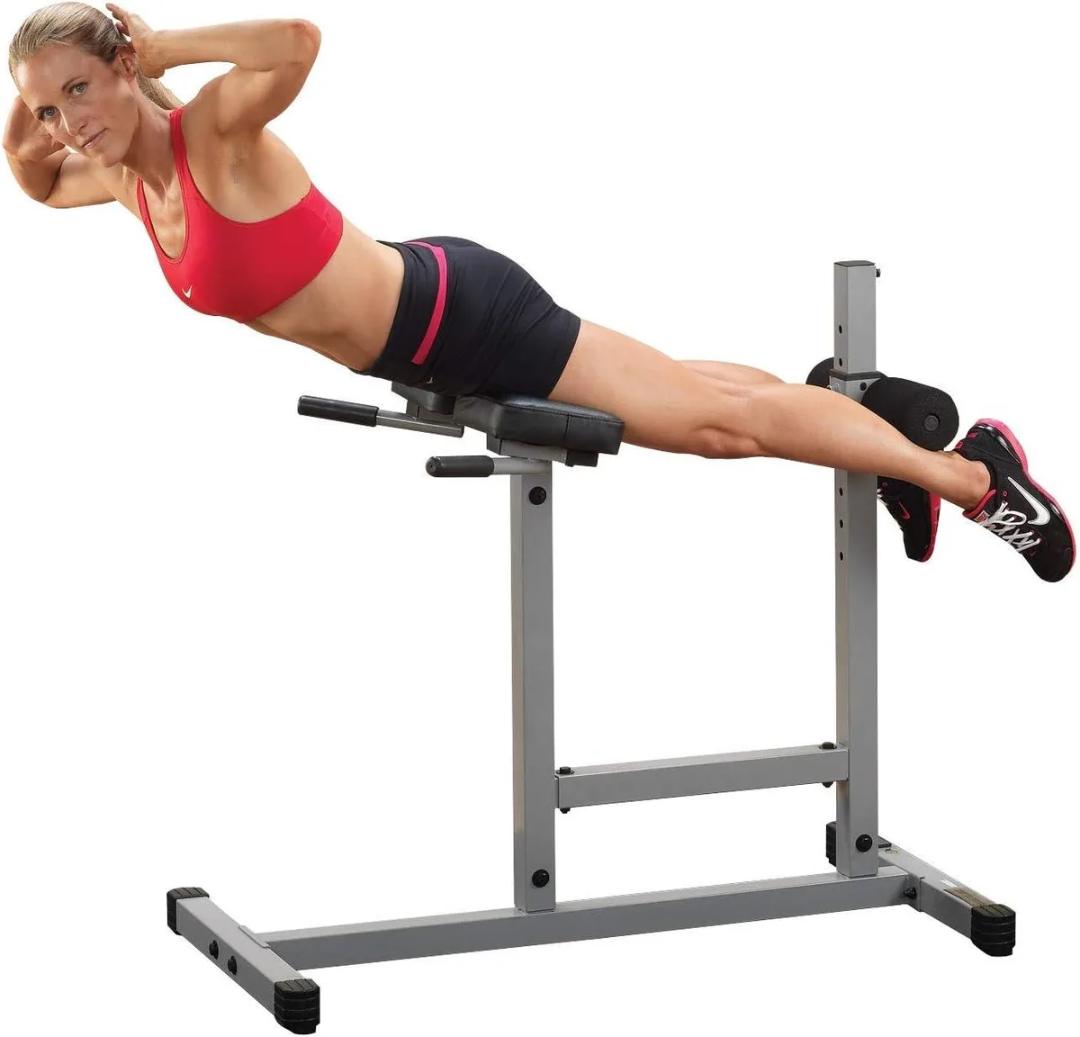 Silver and black Roman chair with thick padded support and oversized foam rollers