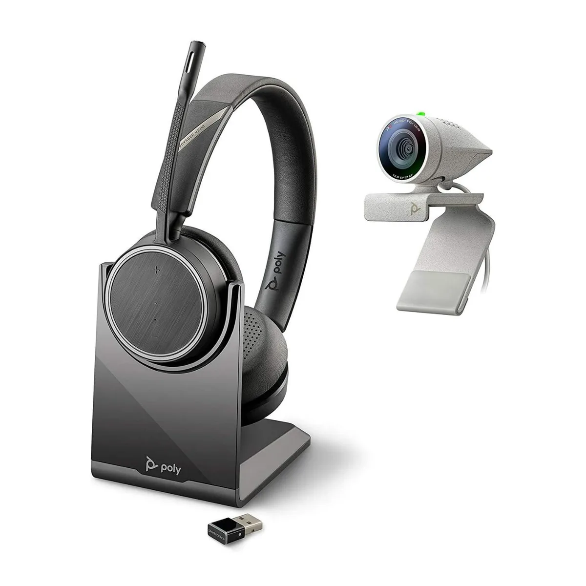 Plantronics Poly Studio P5 webcam and Voyager 4220 UC headset on desk