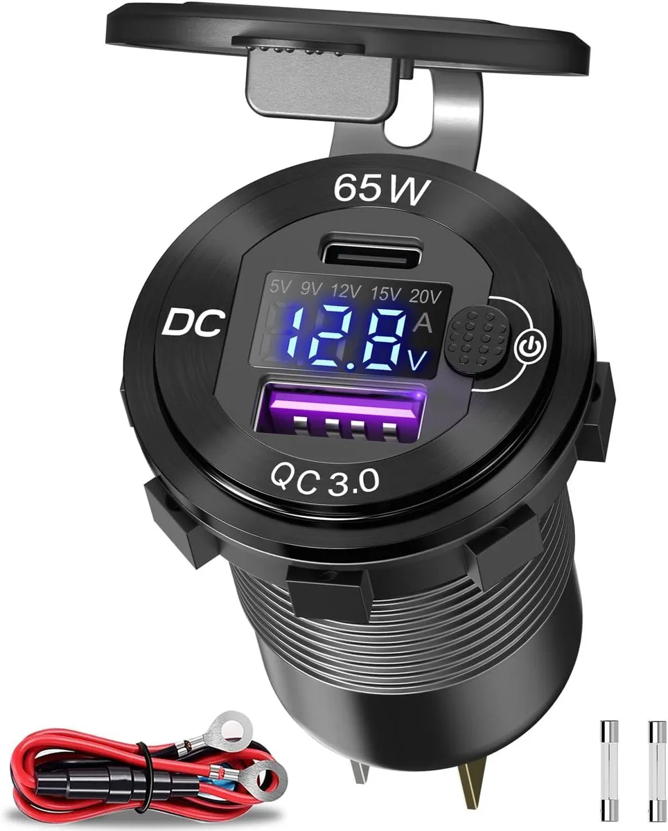 YOUHUA YOUHUA 83W 12V USB Car Charger Aluminum 65W PD 18W QC3.0 Voltmeter Switch — product photo
