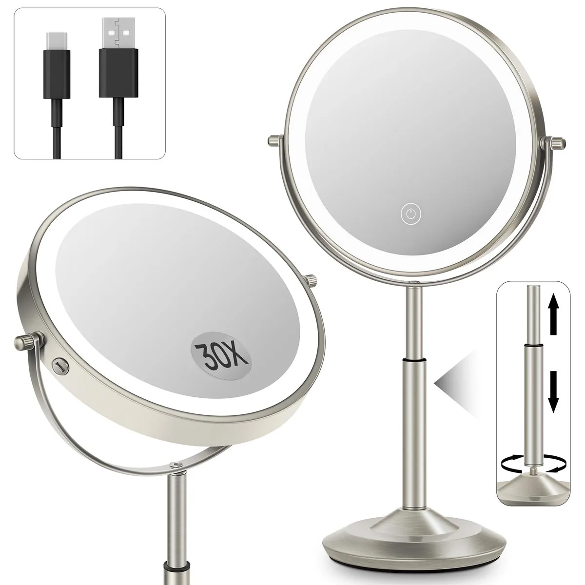 Mirror 8" 30X 3000mAh Brushed Nickel — product photo