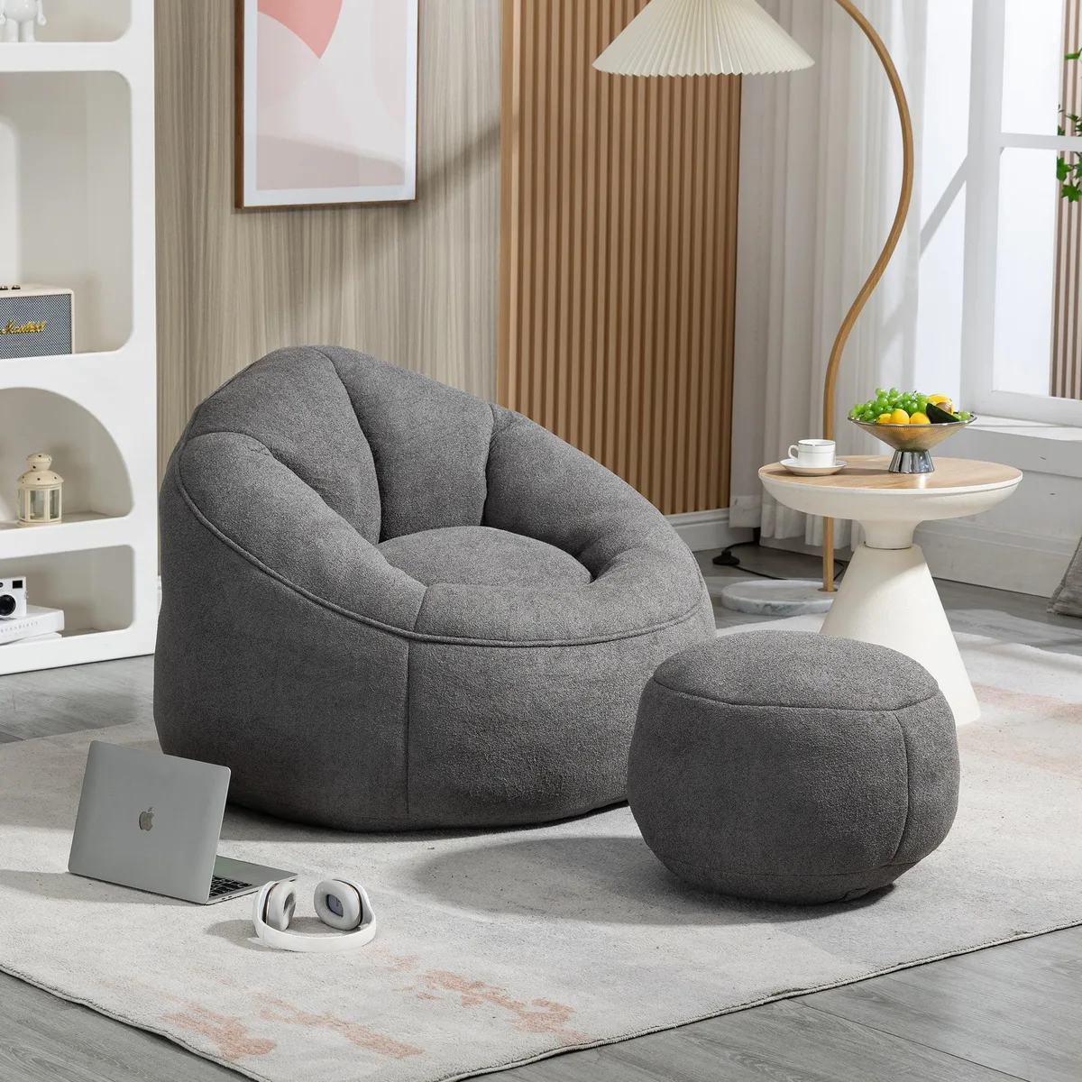 Grey microfiber bean bag chair with matching footrest