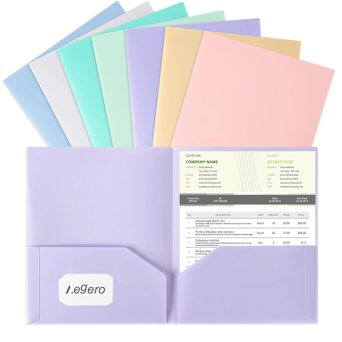 Seven pastel plastic folders with two pockets each, letter size