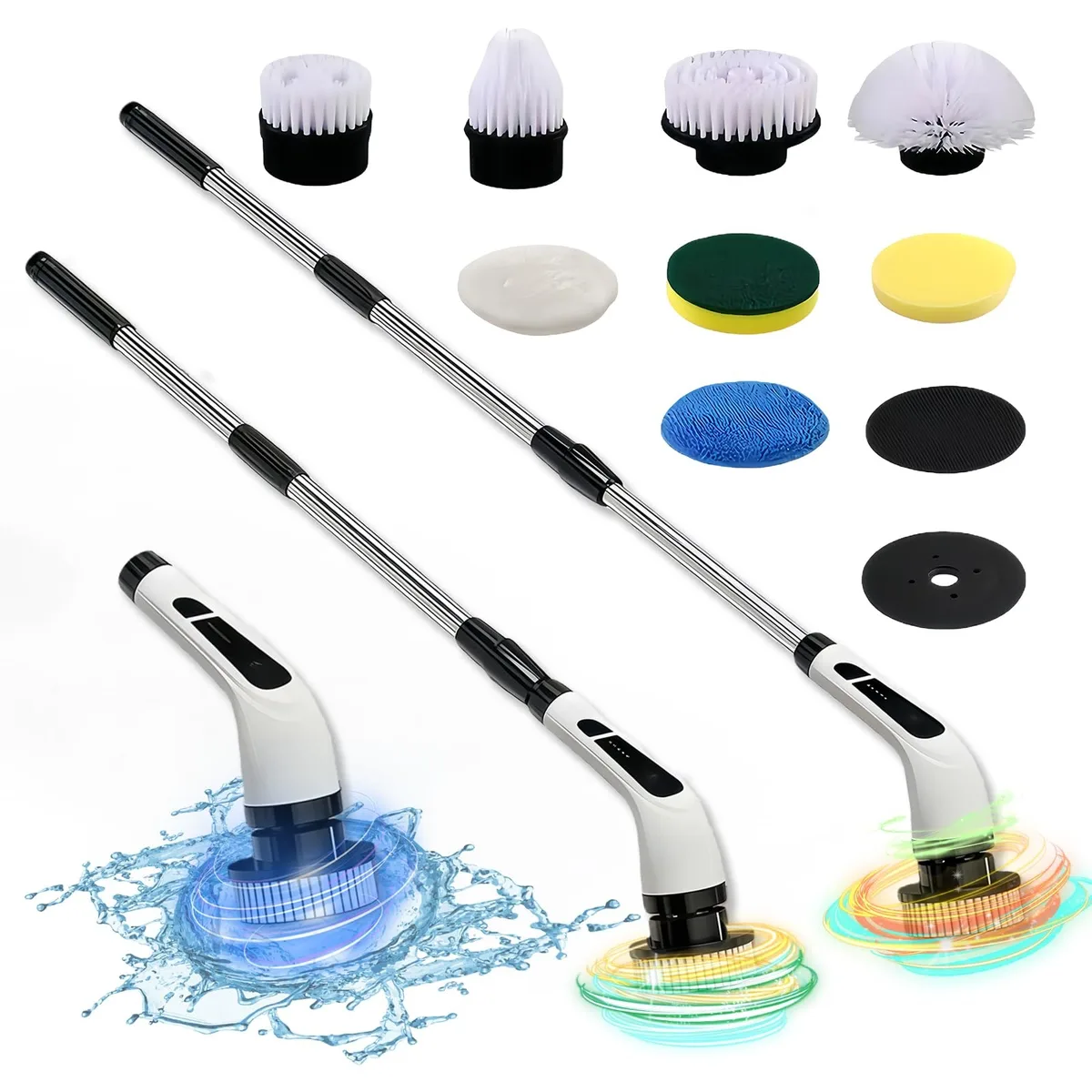White electric spin scrubber with long handle and brush head, 16 in x 6 in x 3 in