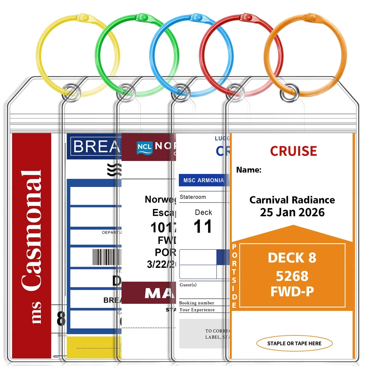 Five clear plastic luggage tag holders with colourful metal loops