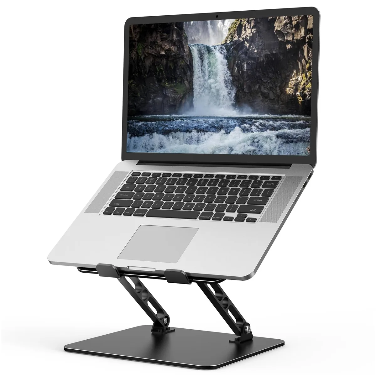 Black foldable tower laptop stand with ventilated top and silicone pads