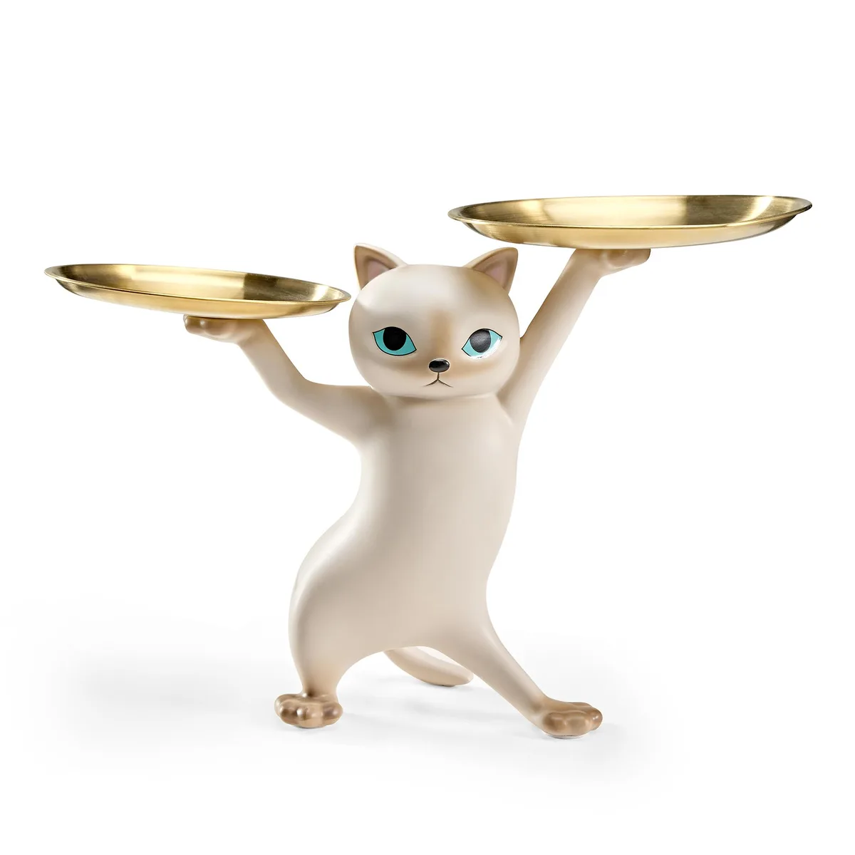 Resin cat statue side table with two metal trays, 23 inches tall