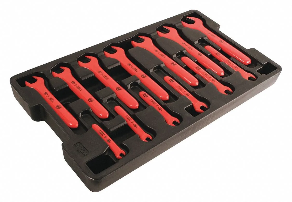 Thirteen insulated open-end wrenches with red urethane handles and polished steel heads