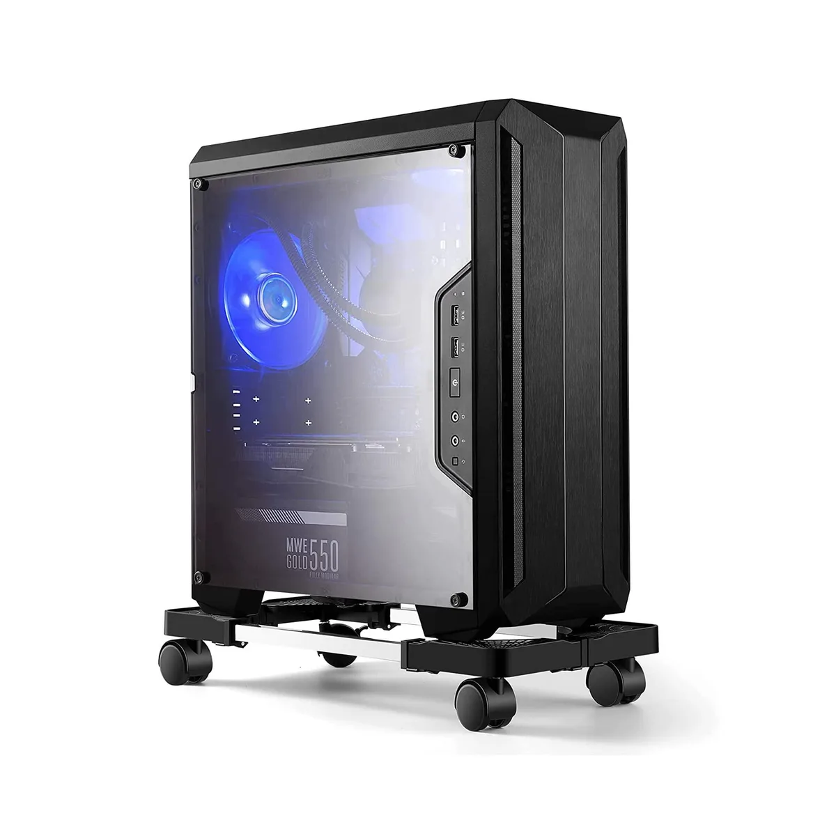Black adjustable steel CPU stand on four caster wheels, open base, textured surface, two locking casters