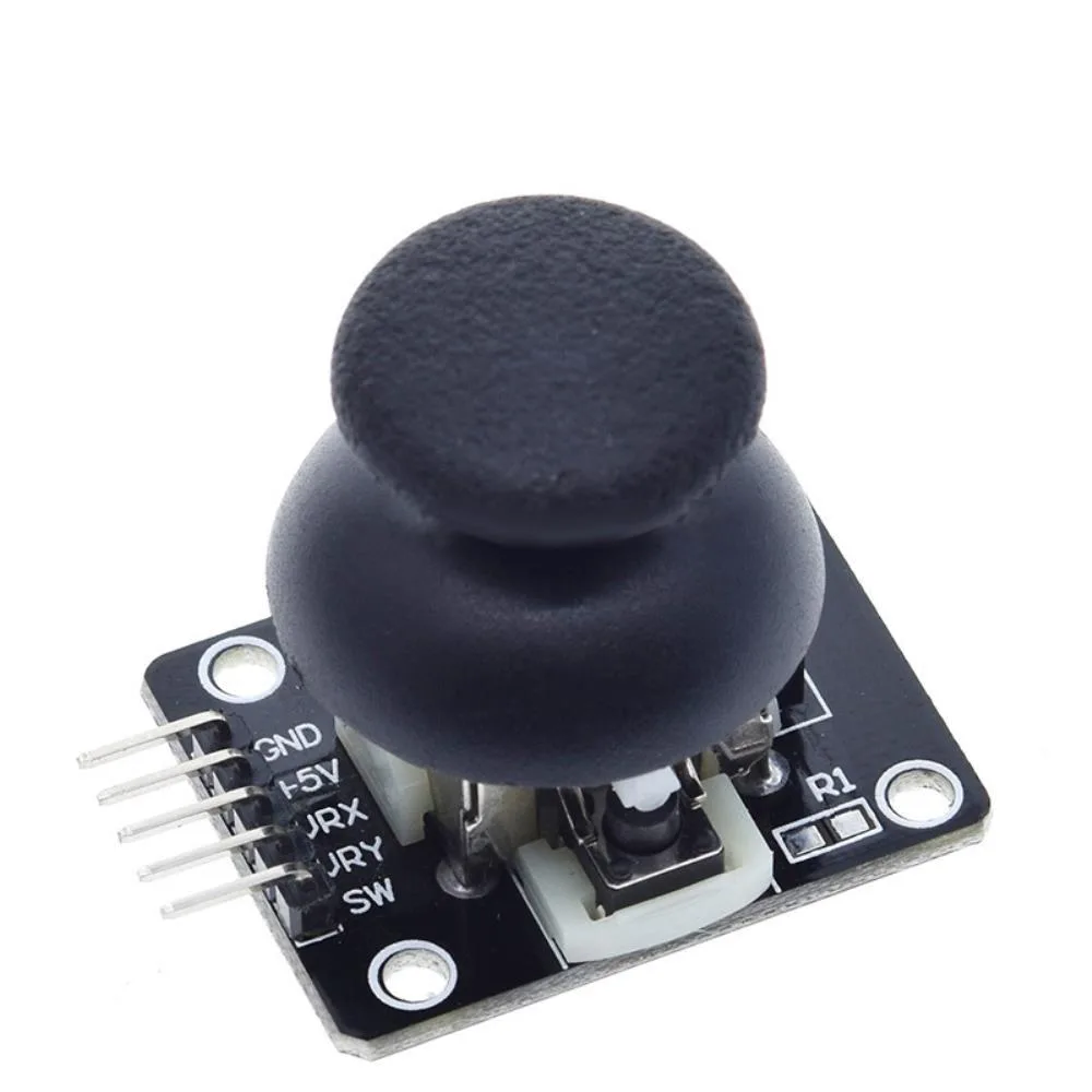 Small green circuit board with a black dual-axis joystick and three-pin header connectors
