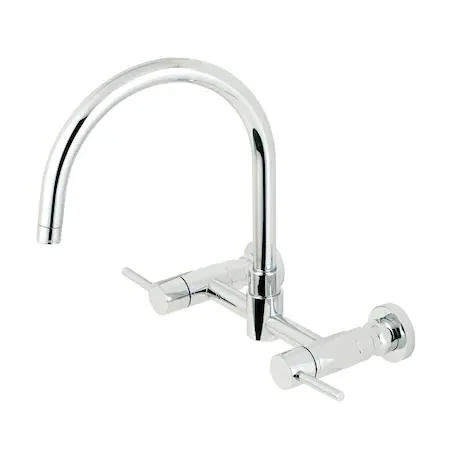 Polished chrome wall-mount kitchen faucet with cylindrical spout and dual handles