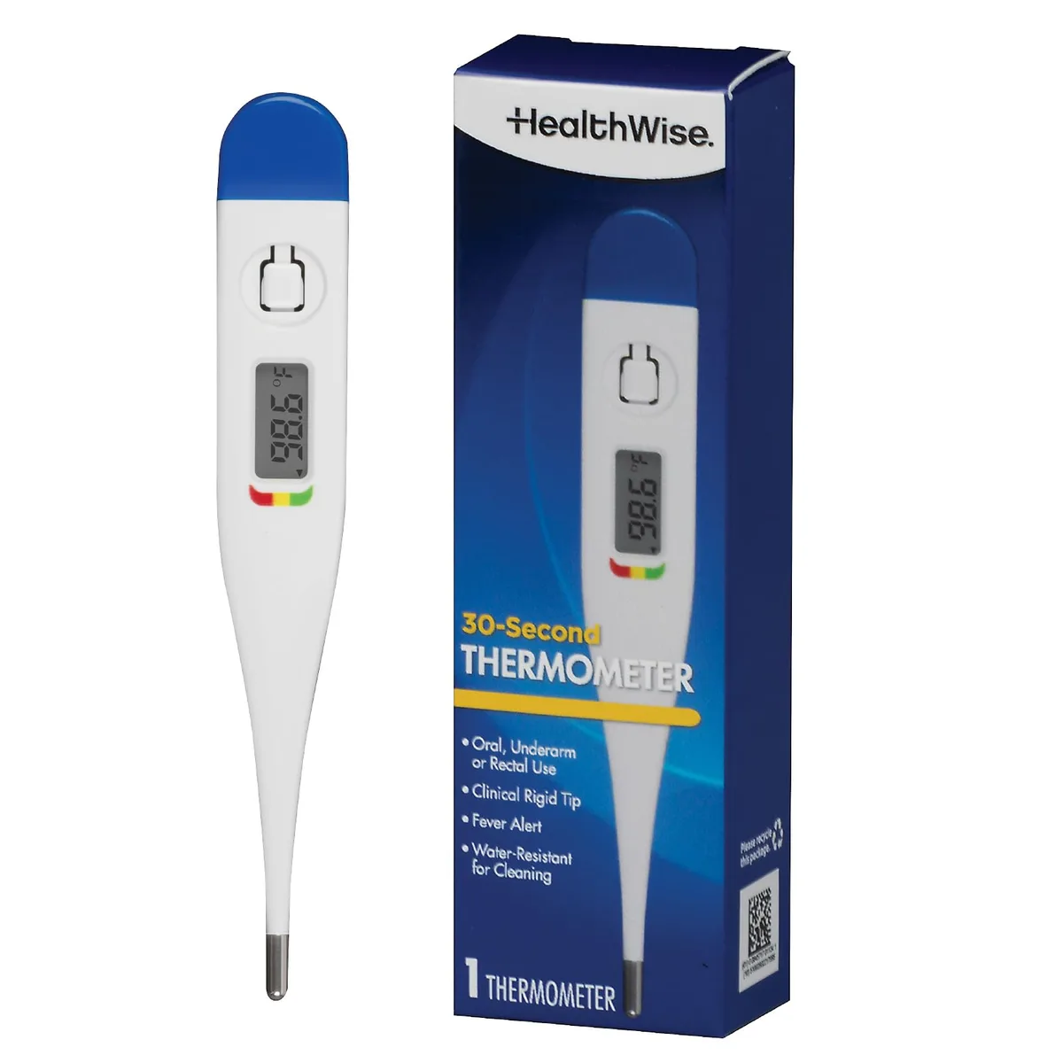 Blue rigid-tip digital thermometer with oversize display and storage case