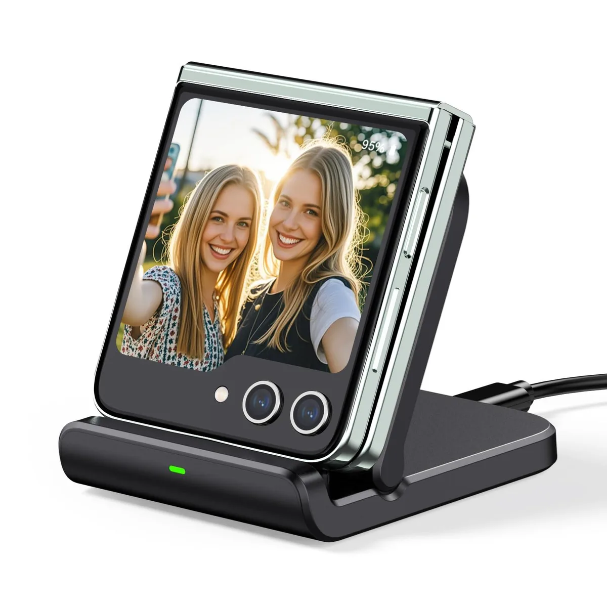 Lightweight foldable wireless charging stand in matte finish with USB-C cable attached