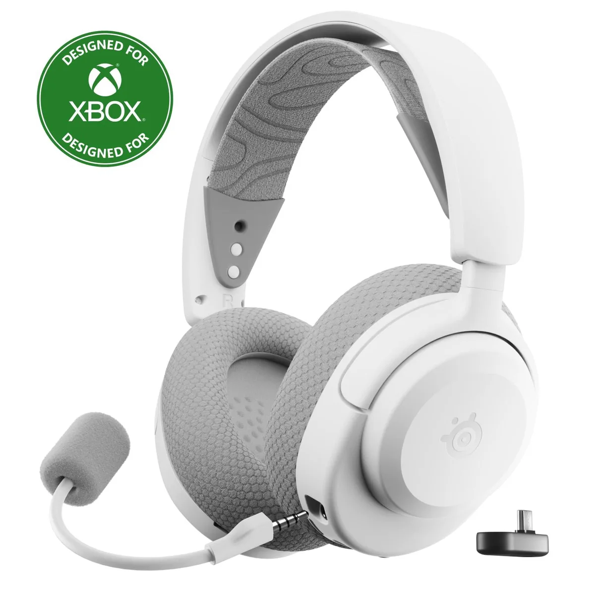 White wireless gaming headset with over-ear cups and adjustable headband