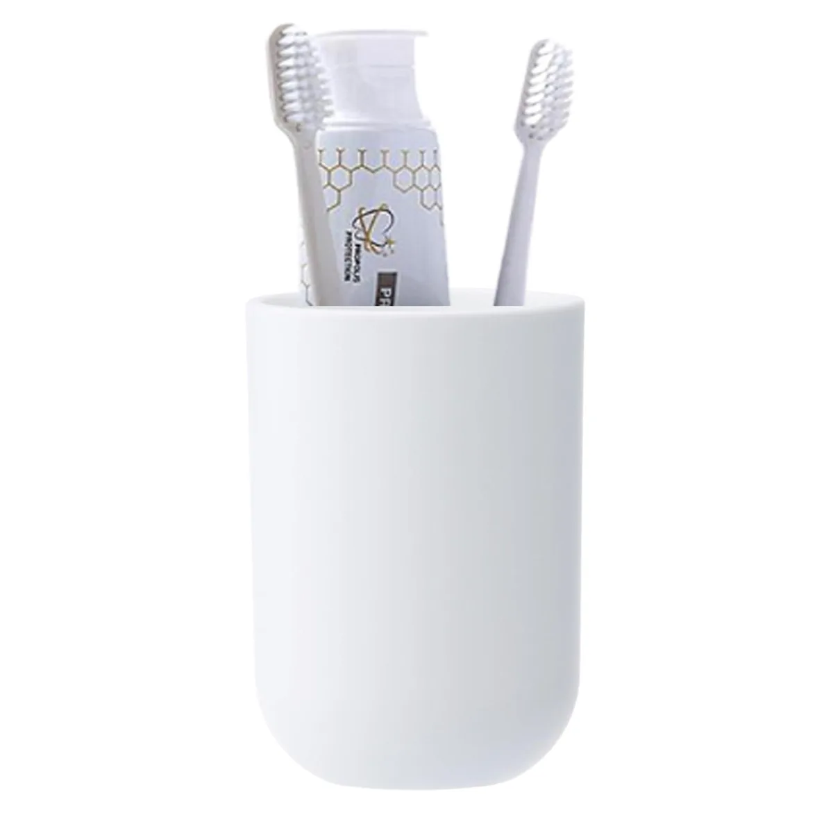 White plastic oral care cup with matte finish and arc-shaped rim, 75 mm wide by 106 mm tall