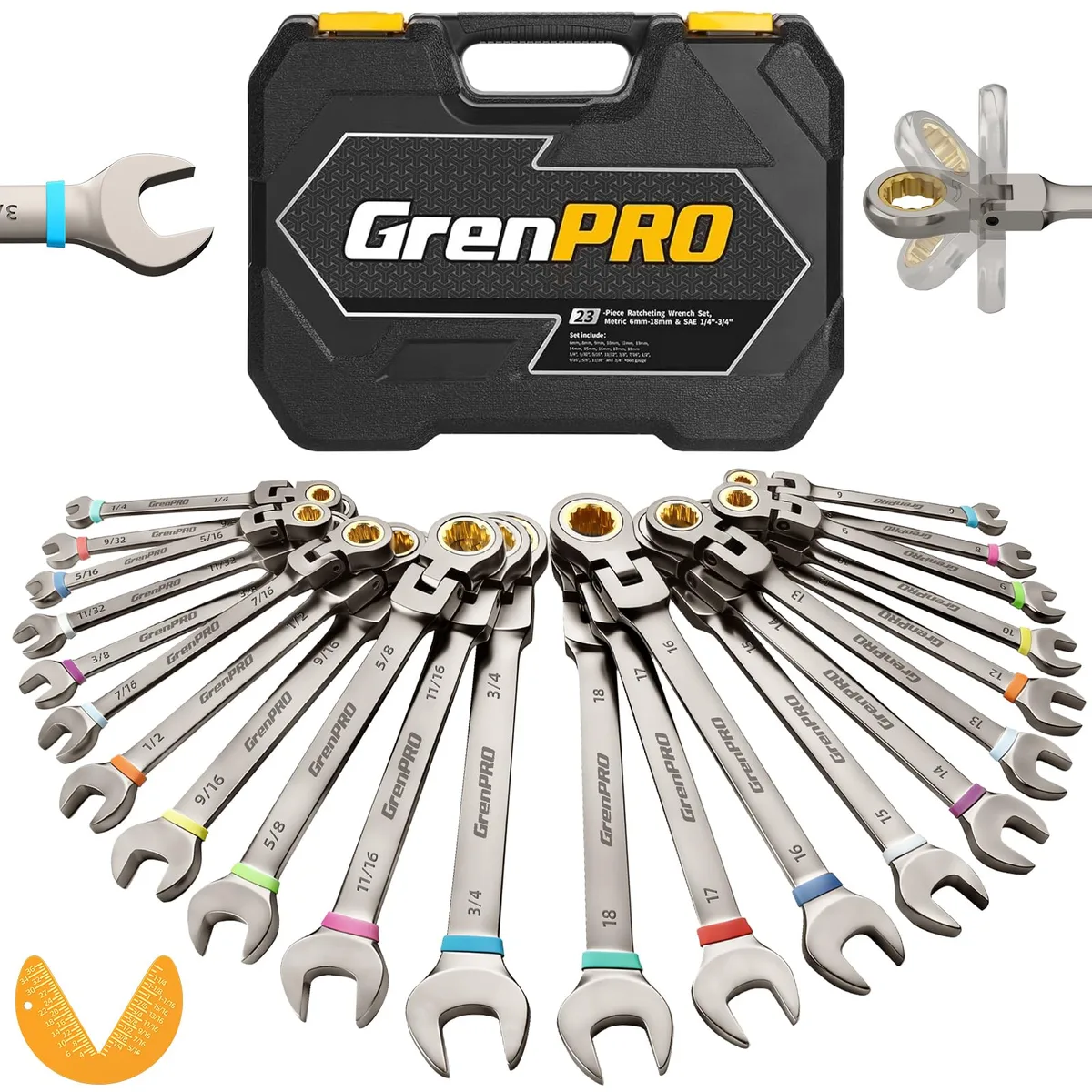 GRENPRO 22-piece flex-head ratcheting wrench set in nickel-plated chrome vanadium steel with organiser box