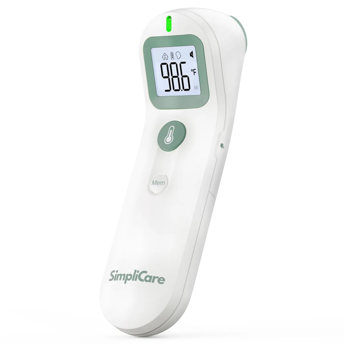 White hand-held infrared thermometer with a curved probe tip and digital display