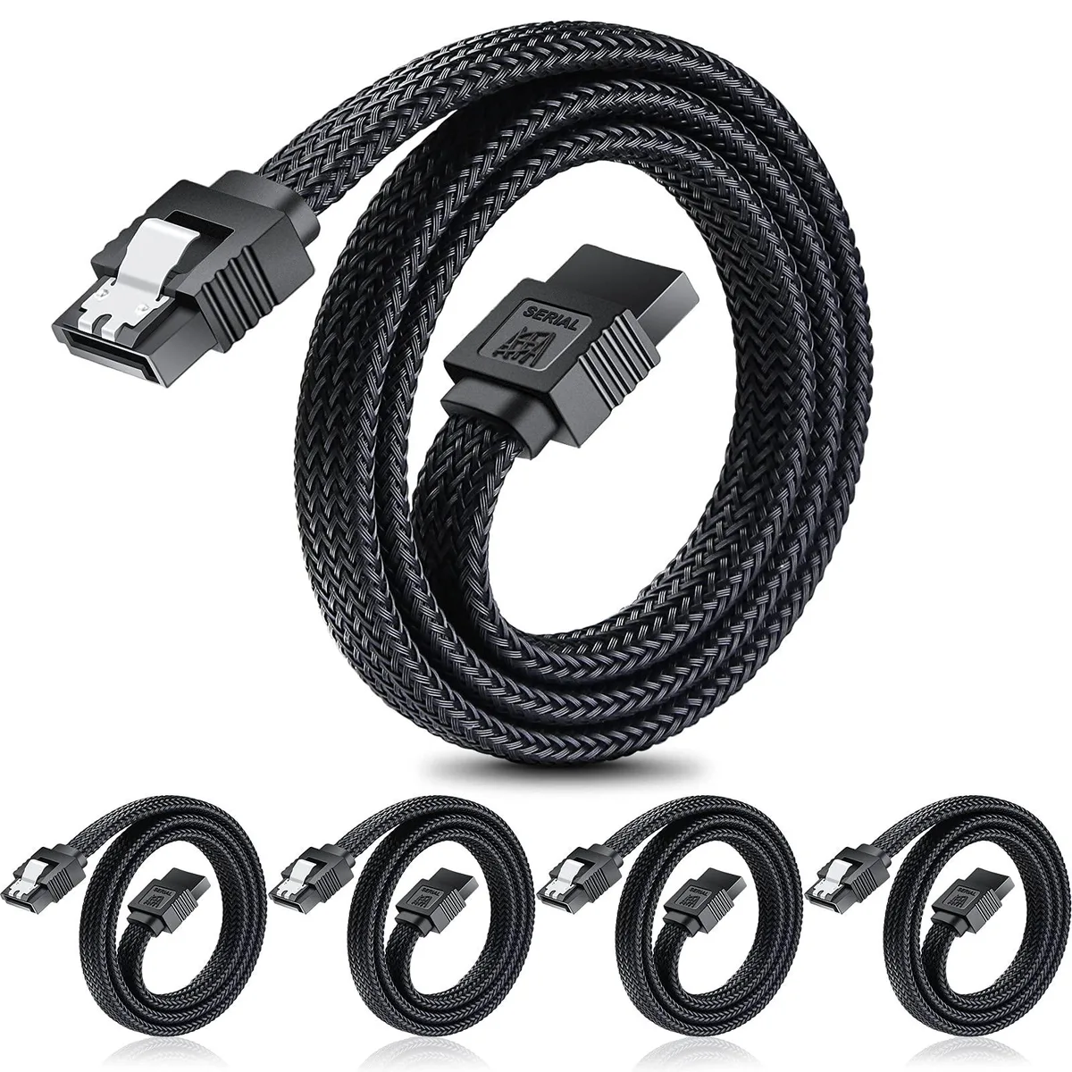 Five black braided SATA cables with locking latches
