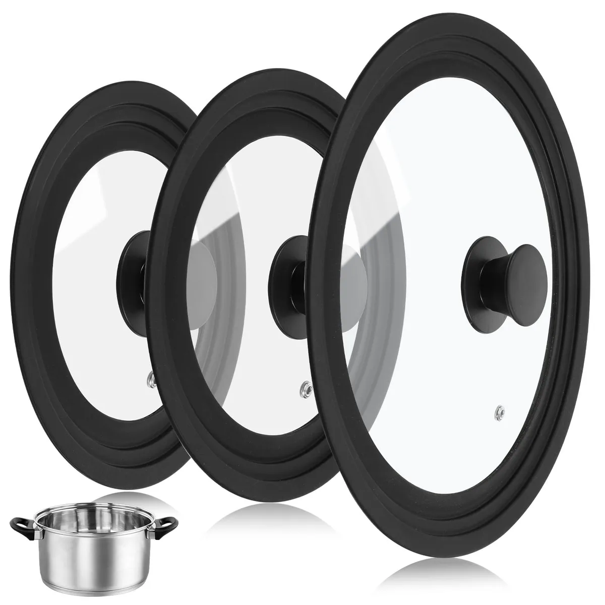 Three clear tempered glass lids with red silicone rims and handles