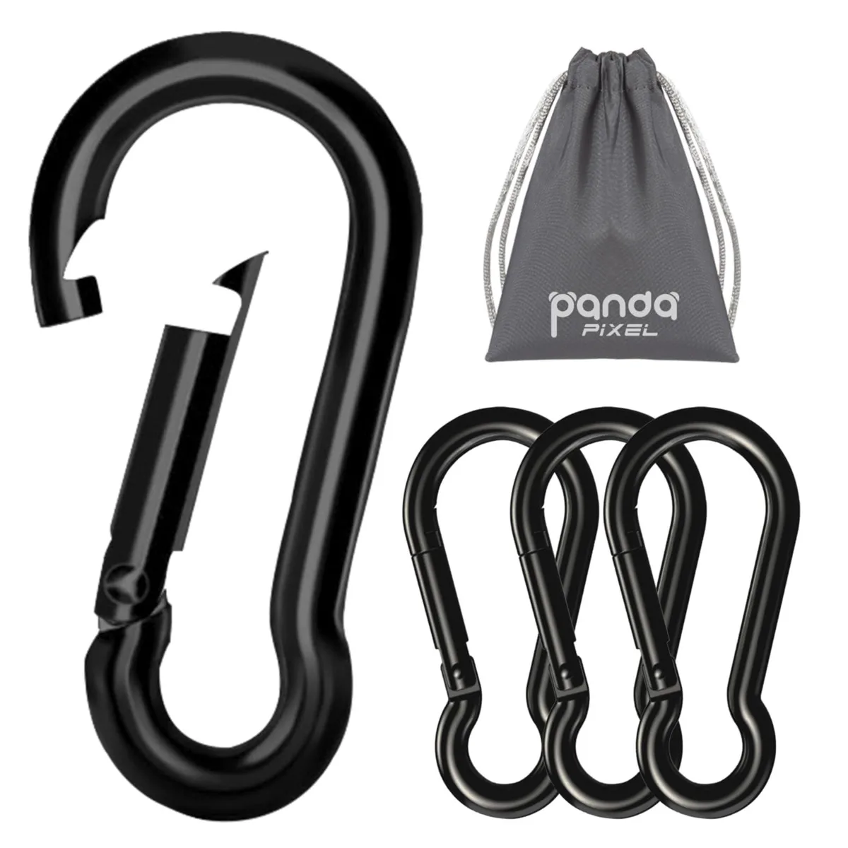 Four black nickel-plated iron carabiners with spring gates, 3.15 by 1.5 inches