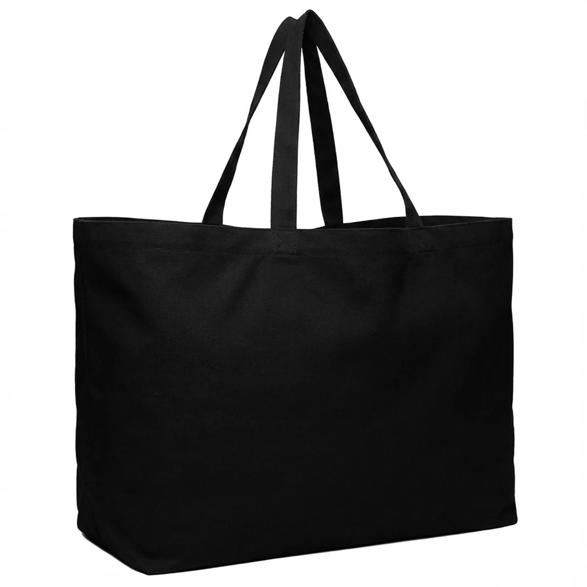 Beige canvas tote bag with open top and shoulder straps, 27 by 16 by 6 inches
